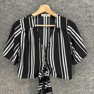 Spoiled Button Up Top Women S Small Black Striped V-Neck Short Sleeve Casual